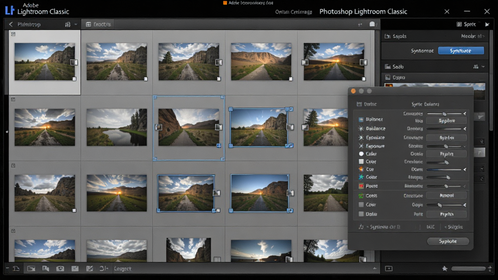 һ��չʾ Adobe Photoshop Lightroom Classic ����ͬ���������ܵĲ���ͼ���������������������ж�����Ƭ��ѡ�У��Ҳ������ʾͬ����ť��ͬ���Ի��򣬶Ի������г���ƽ�⡢�ع⡢ɫ�ʡ�ϸ�ڵȿ�ͬ��ѡ�����Ϊ���ҷ��������Ϊרҵ������ѧ��ʾ���ϸ�ڰ���ͬ����ť��������Ƭ����ͼ�������롢�Ի���ѡ������������Ϊ���壬�ɾ����޶���Ԫ�ء�