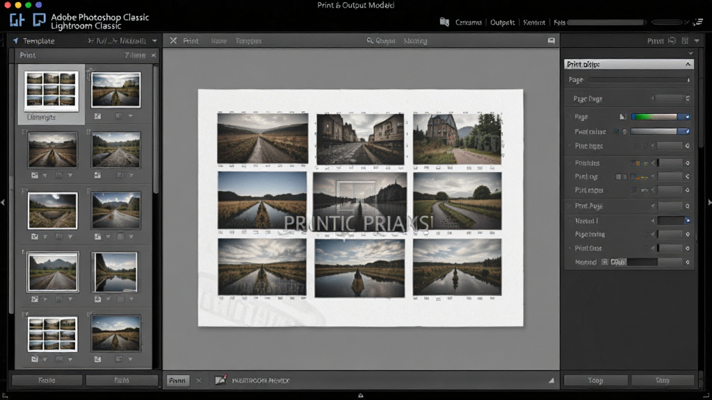 һ��չʾ Adobe Photoshop Lightroom Classic ��ӡ�����ģ��Ľ���ͼ���������������������еĴ�ӡģ�飬�����ģ����������м��Ǵ�ӡԤ��������ʾһ�Ŷ�ͼƴ���Ű棬�Ҳ���ҳ���������ӡ��ҵ��壬����Ϊ����ʽ�����ΪרҵӰ����������ҷ��ϸ�ڰ���ֽ���������Ű�߿�ˮӡ���֡�ɫ�������ļ�ѡ�����Ϊ���壬�ɾ����޶���Ԫ�ء�