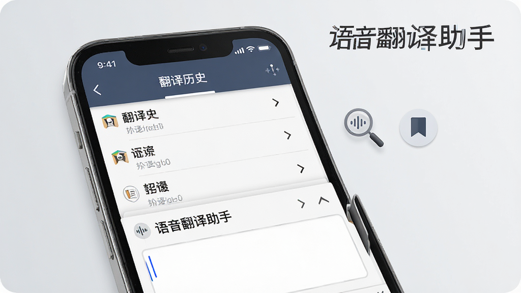 一张展示语音翻译助手历史记录与文本翻译功能的界面图,画面中手机屏幕显示着翻译历史列表和文本输入框,旁边有放大镜和书签图标,背景是淡灰色,风格商务简洁,细节清晰,画质干净,图片中文字标注