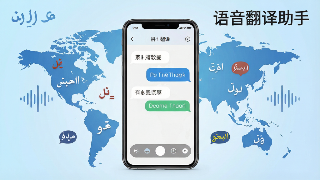 一张展示语音翻译助手软件界面的场景图,画面中央是一部智能手机,手机屏幕上显示着语音翻译助手的对话翻译界面,界面中有中文和英文的对话气泡,手机周围环绕着世界地图、不同语言的文字符号和声波图标,背景是浅蓝色渐变,风格简洁现代,细节清晰,画质干净,无多余元素,图片中文字标注
