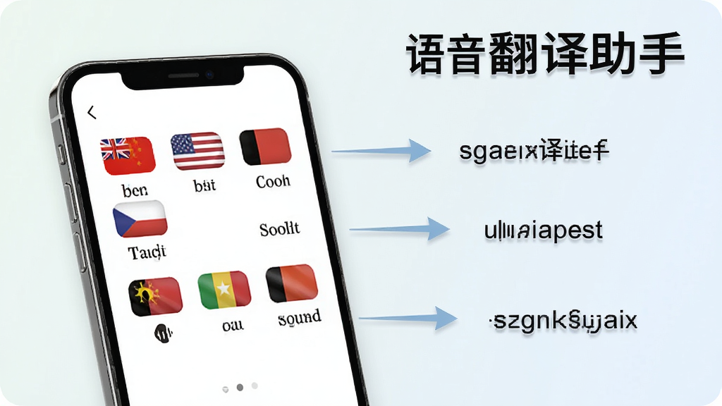 一张展示语音翻译助手多语言翻译功能的示意图,画面中有一部手机,手机屏幕显示着多种语言的国旗图标和对应的语言名称,周围有箭头指向翻译结果,背景是柔和的浅色,风格清新简约,细节清晰,画质干净,图片中文字标注