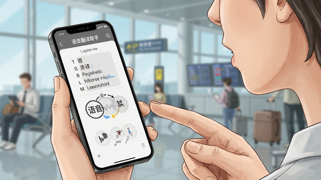 一张展示语音翻译助手在手机端使用场景的插画,画面中一个人手持手机对着手机说话,手机屏幕显示中英文翻译结果,背景是机场或旅行场景,风格写实清新,细节清晰,画质干净,图片中文字标注