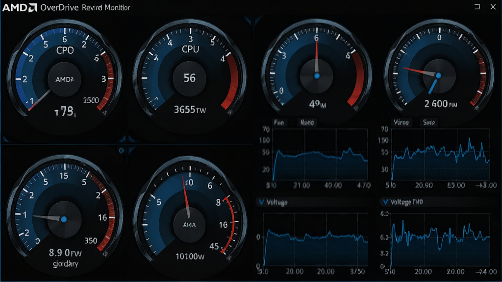 һ��չʾAMD OverDriveʵʱ�������ͼƬ������Ϊ����Ǳ������������ߣ�����Ϊ�������У��Ű�Ϊ��Ϣ�ܼ��ͣ����Ϊ�Ƽ�������ɫ��ϸ�ڰ���CPU�¶���ֵ������ת��ָ�롢��ѹ�������ߣ������������ɾ����޶���Ԫ��