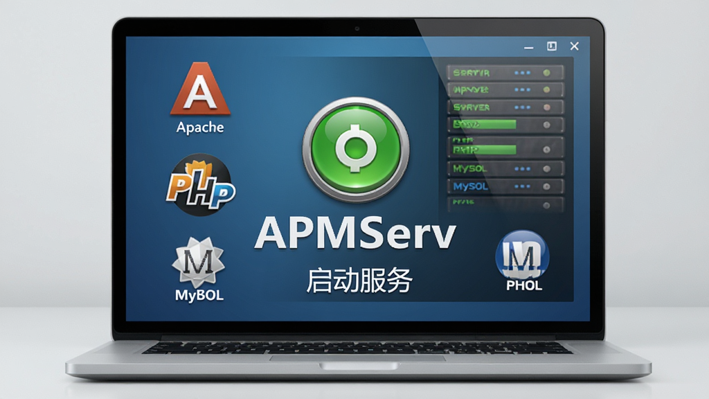 ��������APMServ������Ϊһ̨�򿪵ıʼǱ�������Ļ����Ļ����չʾ��ɫ������ť�����������״̬��壬����Ϊ���жԳƣ������Ǹɾ���ǳ��ɫ���棬���Ϊдʵ�Ƽ��磬ϸ�ڰ���ͼ�껯��Apache��PHP��MySQL��ʶ������ɾ��޶���Ԫ�أ��������������ֱ�ע��APMServ���롰�������񡱣����幹ͼ��࣬�ʺ���������վ��ͼ