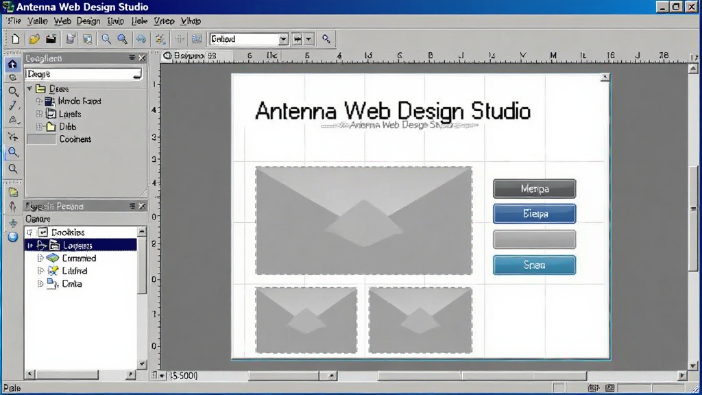 һ��չʾ Antenna Web Design Studio ���������ȫ��ͼ���������������������ڣ����Ϊ��������ͼ���б����Ҳ�Ϊ��ҳ��ƻ����������ϰڷ��ű������֡�ͼƬռλ��͵�����ť�����ڷ��Ϊ���� Windows ����Ӧ����ʽ�����岼���������Ű���������Ϊдʵ������ͼ�磬ϸ�ڰ����˵�����������塢����������ߣ������������ɾ����޶���Ԫ�ء�