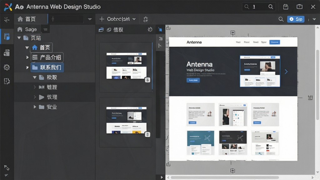 һ��չʾ Antenna Web Design Studio ��ҳ��վ����������ʾ��ͼ��������������������վ����״�ṹ��壬��ʾ����ҳ������Ʒ���ܡ�����ϵ���ǡ��ȶ��ҳ��ڵ㣬�Ҳ�Ϊ��ǰѡ��ҳ�����ƻ���������Ϊ���ҷ������Ű����������Ϊдʵ���������ͼ��ϸ�ڰ�����״�ڵ�ͼ�ꡢҳ������ͼ������ѡ��״̬�������������ɾ����޶���Ԫ�ء�
