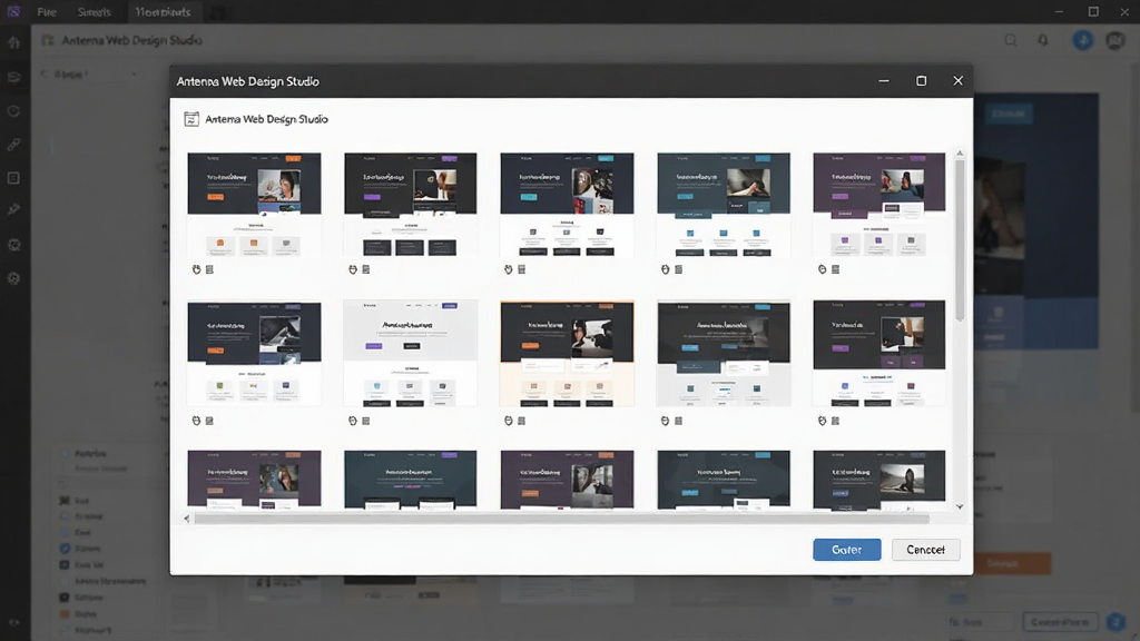 һ��չʾ Antenna Web Design Studio ����ģ���Ľ���ͼ����������������ģ��ѡ�񴰿ڣ���������������ʽ�����Ŷ����ҳģ������ͼ������ͼ��ʾ��ͬ��ҳ�沼�ֺ���ɫ������Ϊ�Ի�����У��Ű����룬���Ϊдʵ������ͼ��ϸ�ڰ���ģ��Ԥ��ͼ����������ȷ��ȡ����ť�������������ɾ����޶���Ԫ�ء�