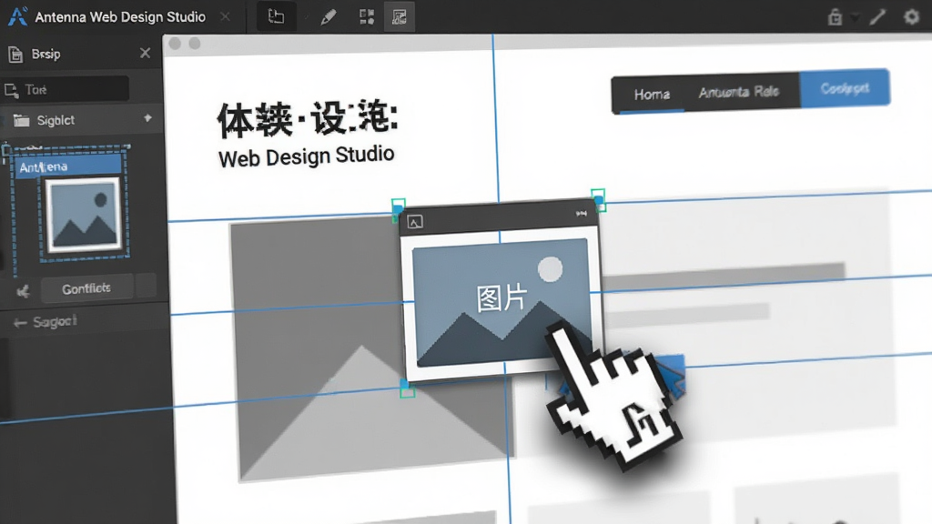 һ��չʾ Antenna Web Design Studio ��ק��ƹ��̵���дͼ��������������ƻ�����һֻ���ι������һ�����С�ͼƬ���������������ҳ�����򣬻��������б������ֺ͵���������Χ����ɫ����ο��ߣ�����Ϊ������������ֲ��Ŵ��Ű�ͻ����ק���������Ϊдʵ����������ͼ��ϸ�ڰ��������塢�����Ӱ��������ʾ�ߣ������������ɾ����޶���Ԫ�ء�