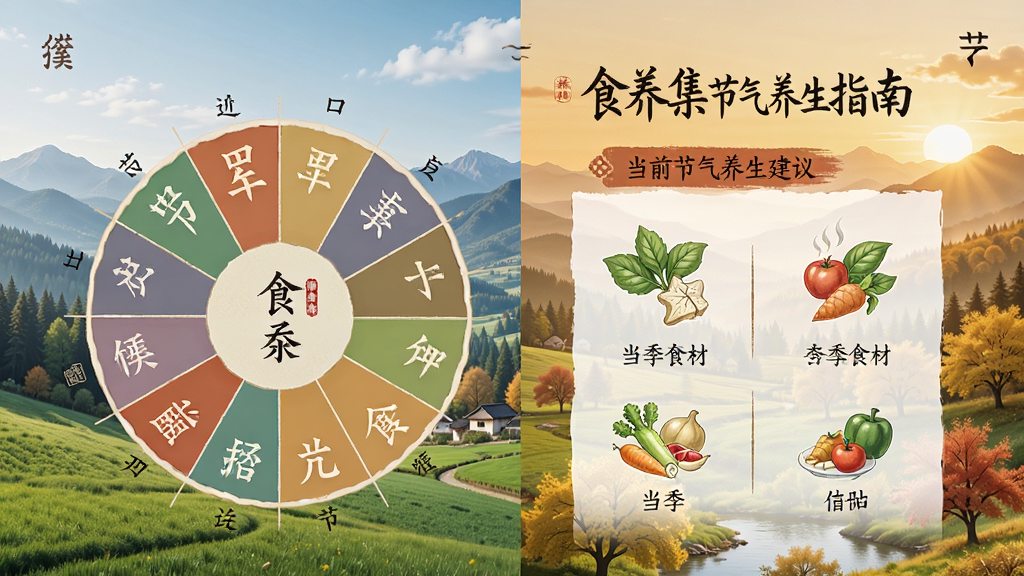 食养集节气养生指南页面,手机屏幕显示二十四节气轮盘与当前节气养生建议,背景为四季变换的自然风景,风格古朴典雅,细节包括节气名称、当季食材插画,画质清晰,干净,无多余元素