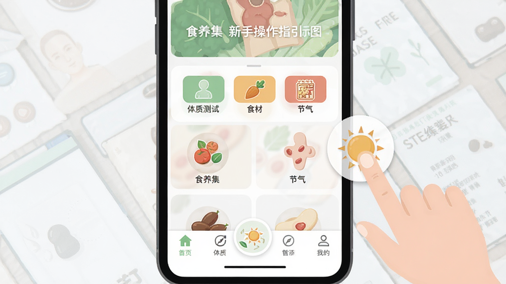 食养集新手操作指引示意图,画面为手机屏幕显示软件首页与底部导航栏,旁边有手指点击图标示意,背景简洁,风格扁平化,细节包括“体质测试”“食材”“节气”等标签,画质清晰,干净,无多余元素