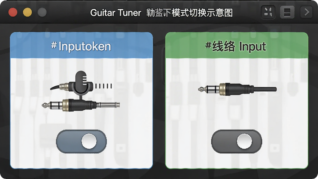 һ��AP Guitar Tuner����ģʽ�л�ʾ��ͼ������������������������е�����ѡ�����Ϊ���ҶԱ�չʾ��˷�����·���룬�Ű�Գƣ����Ϊ����˵��ͼ��ϸ�ڰ�����˷�ͼ�ꡢ��Ƶ��ͼ�ꡢ�л���ť�����ʸ��壬�ɾ����޶���Ԫ��