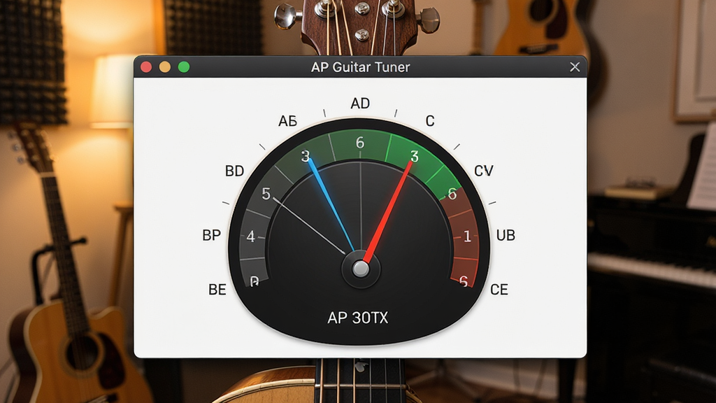 һ��չʾAP Guitar Tuner���������ͼƬ���������������������ڣ���ʾ��������ָ��������̶ȣ���������ܰ���ٷ�����������Ϊ���������뼪��������Ϊ���й�ͼ���Ű������������Ϊдʵ�Ƽ��磬ϸ�ڰ�������ָ�롢������ʶ��������ͷ�ֲ������ʸ��壬�ɾ����޶���Ԫ��
