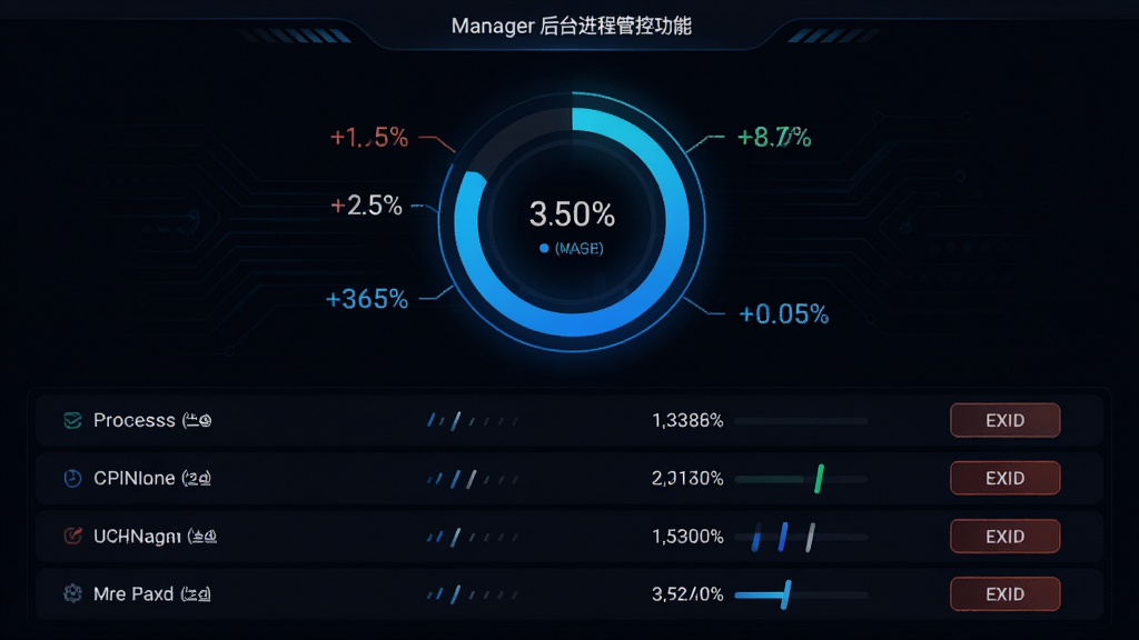 Manager ��̨���̹ܿع��ܽ��棬����������һ��������Դռ��ͼ�����·��г����ɽ����������ڴ���ֵ��ÿ�������Ҳ��н�����ť������Ϊ��ɫ�Ƽ����ͼ��������ɫ��Ч�����Ϊ���ݿ��ӻ��Ǳ��̣�ϸ�ڰ����ٷֱ����ֺͶ�̬���������������ɾ����޶���Ԫ��