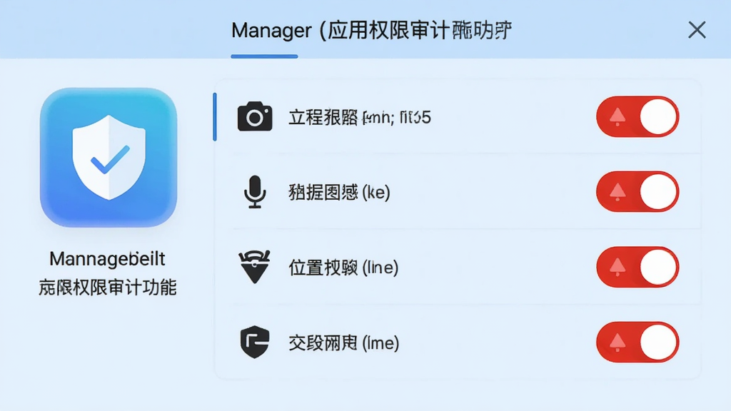 Manager Ӧ��Ȩ����ƹ��ܽ��棬��������ʾһ��Ӧ��ͼ�����г��������˷硢λ�õ�Ȩ�޿��أ����ֿ���Ϊ��ɫ��ʾ״̬������Ϊǳ��ɫ�������Ϊ��ȫ������UI��ϸ�ڰ�������ͼ���Ȩ��˵�����֣������������ɾ����޶���Ԫ��