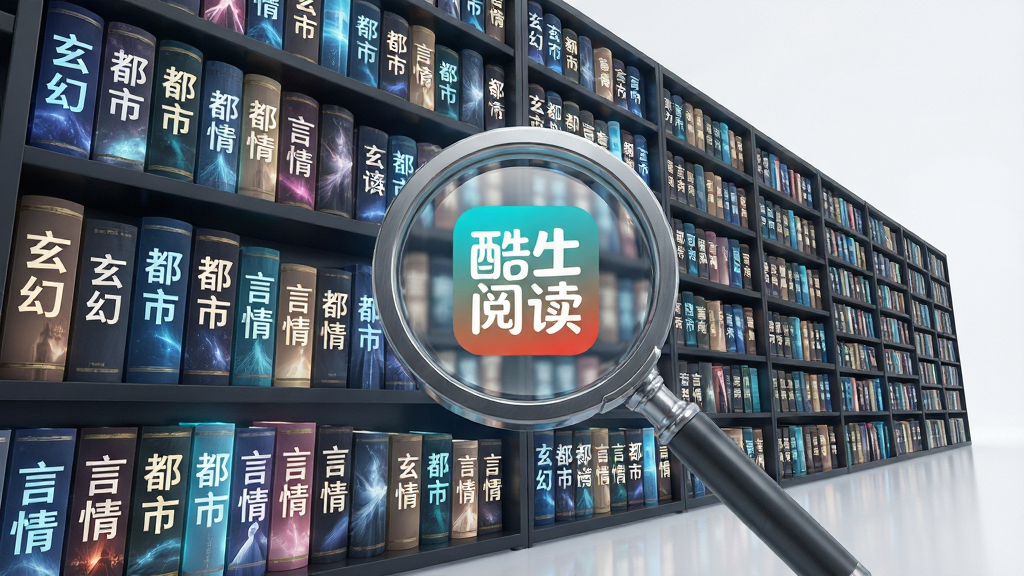 一张展示酷阅读海量书库的创意图片。主体是一面巨大的虚拟书架墙,书架上摆满了发光的书籍,每本书的书脊上写着不同的小说分类名称如“玄幻”、“都市”、“言情”。书架前悬浮着一个放大镜,放大镜内显示着酷阅读的Logo。布局采用广角透视,书架向两侧延伸。排版错落有致,风格为奇幻科技感。细节包括书籍散发的微光、放大镜的金属质感。画质为8K超高清,画面干净,无多余元素。