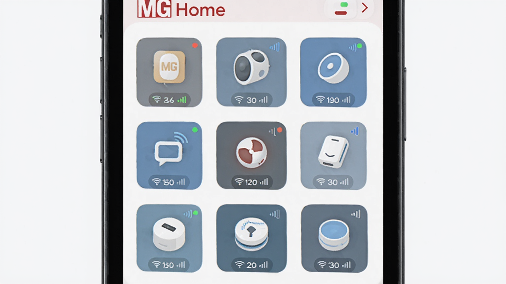 MG HomeӦ�ý���չʾ���豸ͳһ���빦�ܣ�����Ϊ�ֻ���Ļ�������Ÿ��������豸ͼ�꣬����Ϊ����״�ֲ����Ű��������򣬷��Ϊ��ƽ���Ƽ��У�ϸ�ڰ����豸����״ָ̬ʾ�ơ��ź�ǿ�ȱ�ʶ�������ǩ�����������ɾ��޶���Ԫ��
