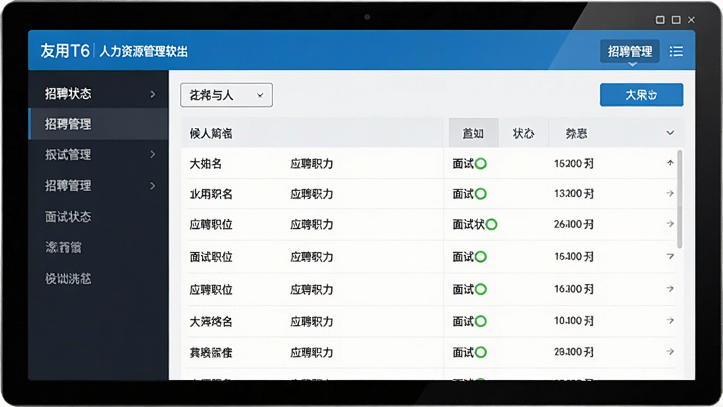 用友T6人力资源管理软件的招聘管理界面,主体为候选人简历列表,布局为左右分栏,排版清晰,风格为现代招聘系统,细节包括候选人姓名、应聘职位、面试状态等,画质高清,干净,无多余元素