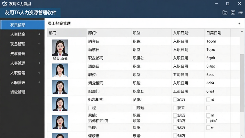 用友T6人力资源管理软件的人事档案管理界面截图,主体为员工信息列表,布局为左侧导航栏右侧表格,排版整齐,风格为专业办公软件,细节包括员工照片、部门、职位、入职日期等字段,画质清晰,干净,无多余元素
