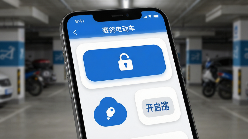 �ֻ���Ļ��д����ʾ������綯����AppԶ�̿��ƽ��棬����������Ŀ�Ľ�����ť��������ť��Ѱ����ť�Ϳ�����Ͱ��ť����ť����Բ�ǿ�Ƭ��ƣ���ɫ��Ϊ����Ʒ�������ɫ������Ϊ�黯�ĵ���ͣ����������������͡����Ϊдʵ�Ƽ��У�ϸ�ھ��£����ʸɾ��������޶���Ԫ�ء�