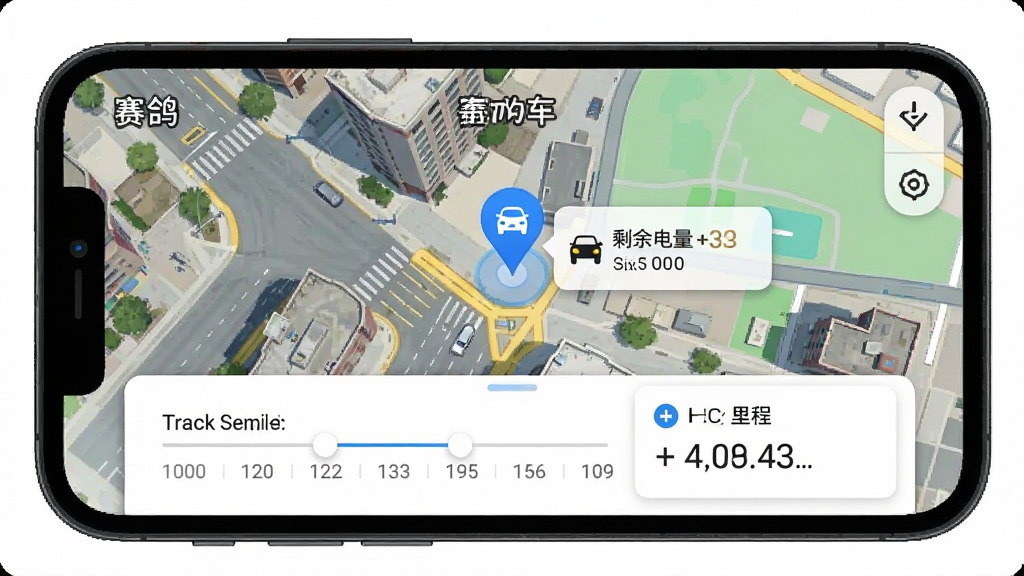 �ֻ���Ļ��ʾ������綯����App��ͼ��λ���棬��ͼ����һ����ɫ��λ��ǵ㣬��ǵ�����ʾ����ͼ����ʣ��������·��й켣�ط�ʱ������������ݿ�Ƭ������Ϊ���нֵ�����ͼ�����Ϊ���µ�ͼ�����磬�Ű����������ʸɾ����޶���Ԫ�ء�