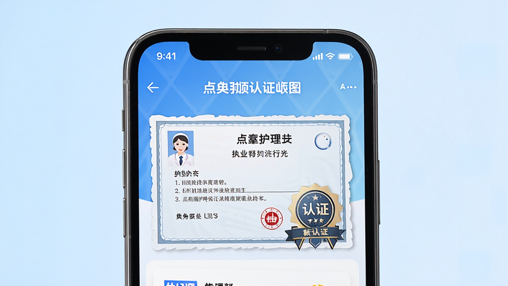 һ��չʾ��βñ��������APP������֤ҳ���ͼƬ�������������ֻ���Ļ��д����Ļ������չʾ��ʿ��ִҵ֤�����֤���£������Ǹɾ���ǳ��ɫ���䣬���רҵ��࣬ϸ�����������ʸ��壬�޶���Ԫ��
