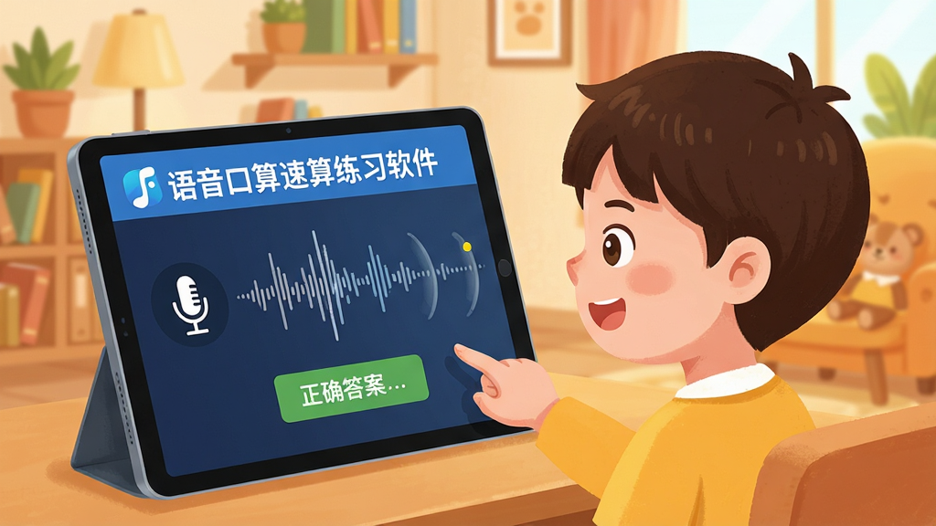 一张展示语音口算速算练习软件语音交互功能的图片,画面中一个小朋友对着平板电脑说出答案,屏幕上显示“语音口算速算练习软件”的标识和声波识别动画,背景是温馨的家庭学习场景,风格为插画风,细节包括麦克风图标、语音波形、正确答案提示,画质高清,干净,无多余元素