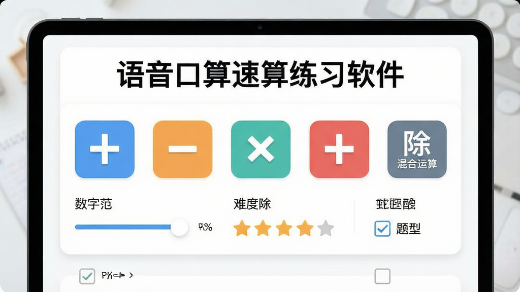 一张展示语音口算速算练习软件题型选择界面的图片,画面中显示“语音口算速算练习软件”的标题,下方排列着加、减、乘、除和混合运算的图标按钮,背景是清爽的白色卡片式布局,风格为扁平化设计,细节包括数字范围滑块、难度星级、题型勾选框,画质高清,干净,无多余元素