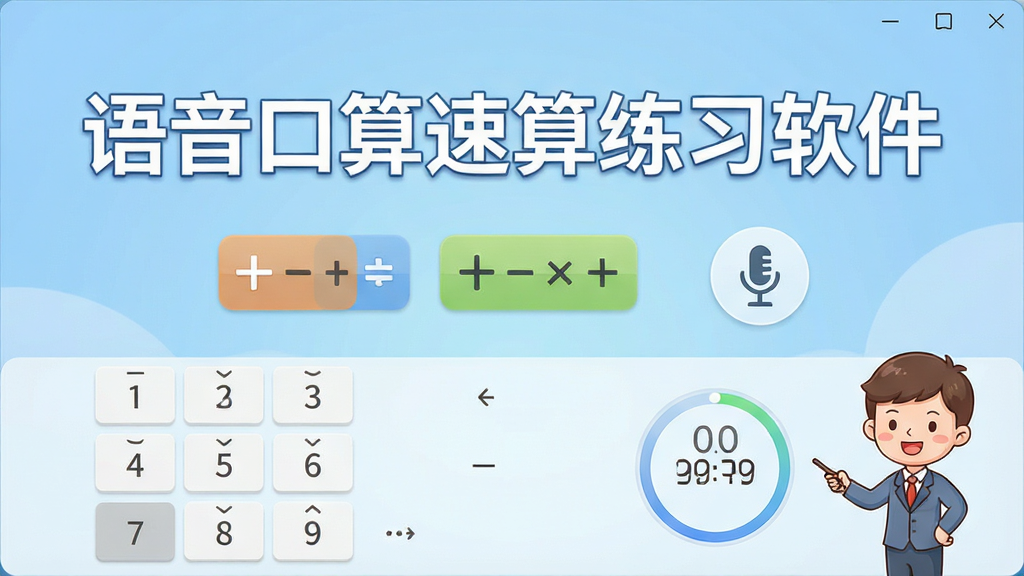 一张展示语音口算速算练习软件主界面的图片,画面中央是软件名称“语音口算速算练习软件”的大标题,下方排列着加减乘除题型按钮和语音麦克风图标,背景是柔和的浅蓝色渐变,整体布局简洁清晰,风格为现代教育类软件界面,细节包括数字键盘、答题倒计时圆环、卡通小老师形象,画质高清,干净,无多余元素