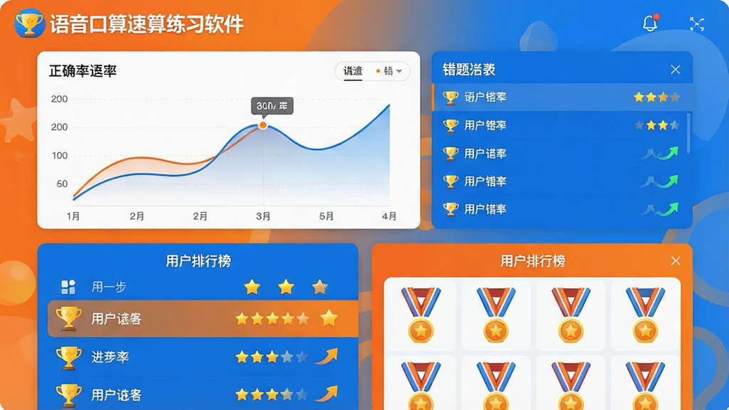 一张展示语音口算速算练习软件成绩统计与排行榜界面的图片,画面中显示“语音口算速算练习软件”的标识,上方是正确率曲线图和错题列表,下方是用户排行榜和勋章墙,背景是活泼的橙色与蓝色搭配,风格为现代数据可视化界面,细节包括奖杯图标、星星评分、进步箭头,画质高清,干净,无多余元素