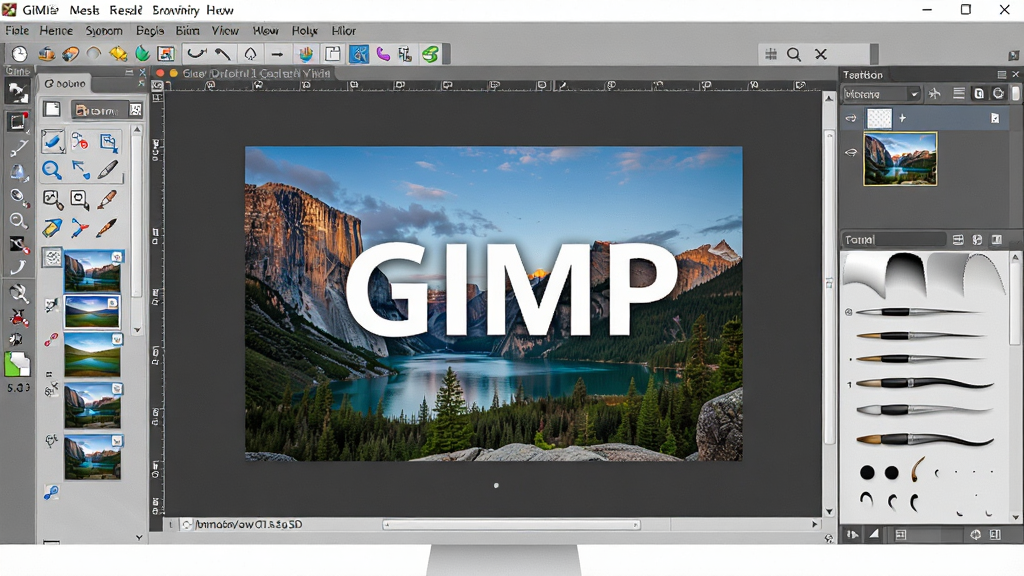 һ��չ��GIMP�������������ȫ��ͼ�������ǵ�����Ļ��ʾ�Ÿ��ӵ�ͼ��༭���ڣ���Ļ������һ�����ڴ����еķ羰��Ƭ������ǹ�������壬�Ҳ���ͼ�����ˢ��壬���岼��Ϊ���������ͼ���Ű�����������ռ�ݻ������壬���Ϊдʵ�Ƽ��磬ϸ�ڰ����˵���������ͼ�ꡢͼ������ͼ�����ɼ������ʸ��壬����ɾ����޶���Ԫ�أ���Ļ���������֡�GIMP����