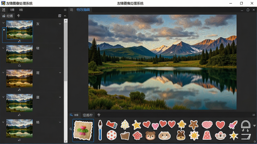 �ѷ�ͼ����ϵͳ��Ч�༭���棬����չʾһ�ŷ羰��Ƭ����Ӧ���ͻ��˾�Ч�������Ϊ�˾�ѡ���б����Ҳ�Ϊ��ƬԤ���������·��б߿����ֽ�ز������������ơ��ѷ�ͼ����ϵͳ�������ڽ��涥�������Ϊͼ��༭��������չʾ��ϸ�ڷḻ�������������ɾ����޶���Ԫ��