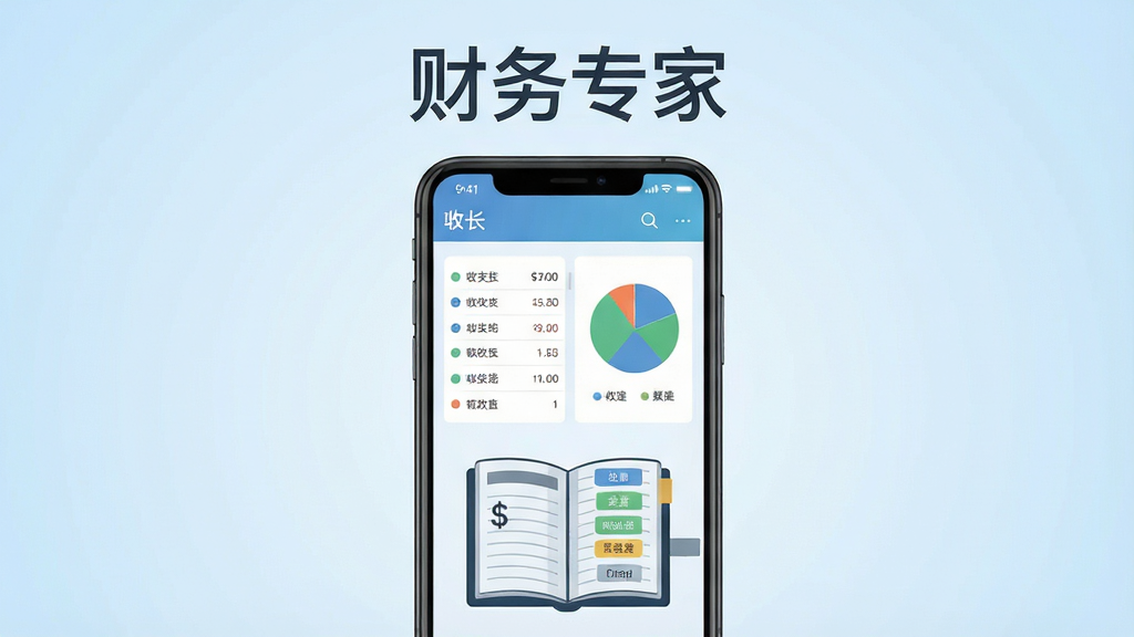 主体为一部智能手机居中放置,屏幕内展示简洁的财务记账界面,包含收支列表与饼状图;布局采用上下结构,上方为软件名称文字,下方为手机与账本图标组合;排版居中对称,风格为扁平化商务插画,细节上账本页面有数字和分类标签;画质清晰干净,无多余元素,背景为浅蓝色渐变,画面中文字为