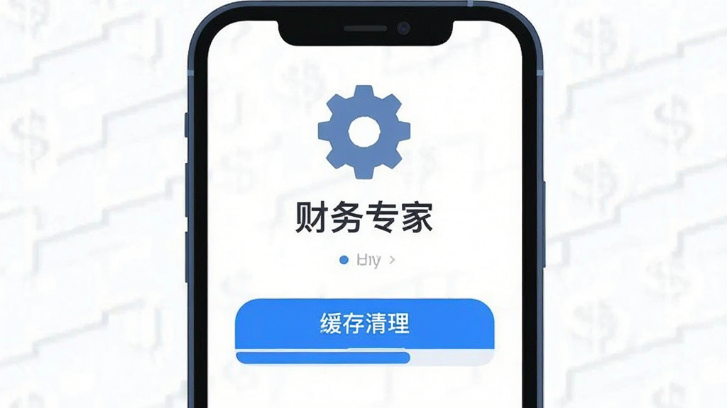 主体为手机屏幕展示财务专家设置页面与缓存清理按钮,布局采用上下结构,上方为齿轮图标,下方为清理进度;排版居中,风格为简洁扁平UI插画,细节上按钮带有蓝色高亮;画质清晰干净,无多余元素,画面中文字为