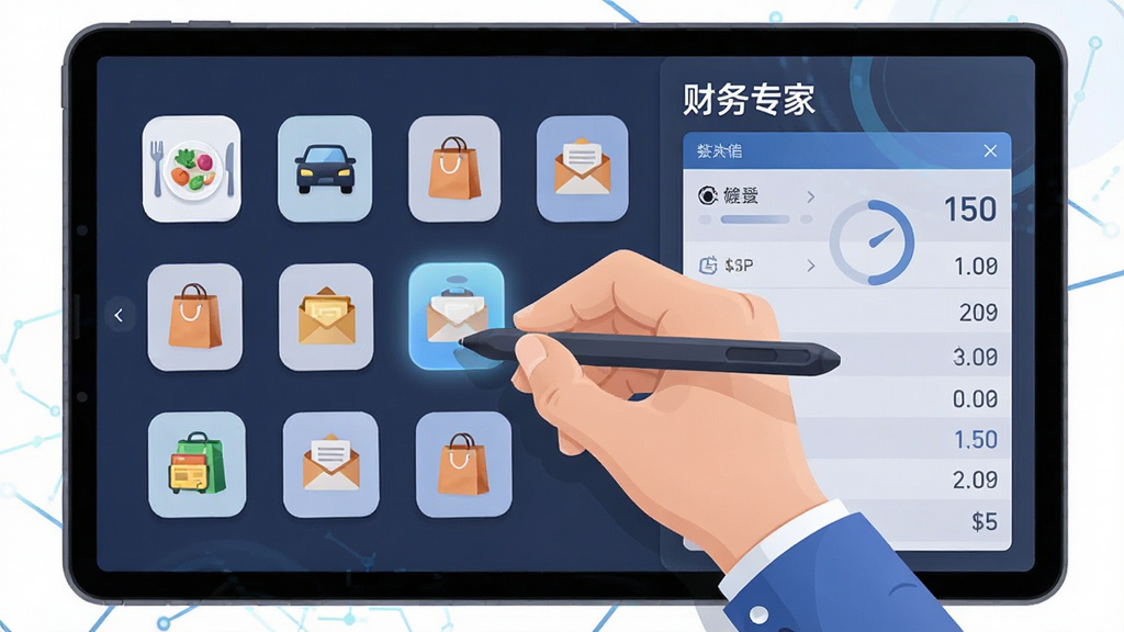 主体为一只手持触控笔在数字平板上点击记账分类图标,布局采用左侧图标阵列、右侧数据面板;排版为左右分栏,风格为现代科技感插画,细节上图标包含餐盘、汽车、购物袋、信封等;画质清晰干净,无多余元素,画面中文字为