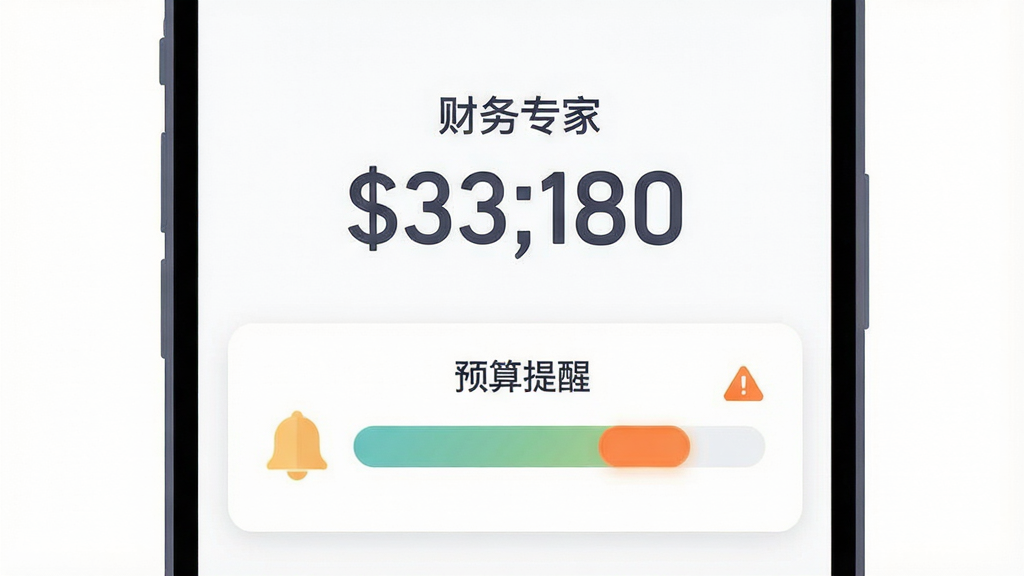 主体为手机屏幕显示预算进度条与提醒弹窗,布局采用中央聚焦、四周留白;排版为上下结构,上方为预算数字,下方为进度条与铃铛图标;风格为柔和扁平插画,细节上进度条接近满格并带有橙色警示色;画质清晰干净,无多余元素,画面中文字为