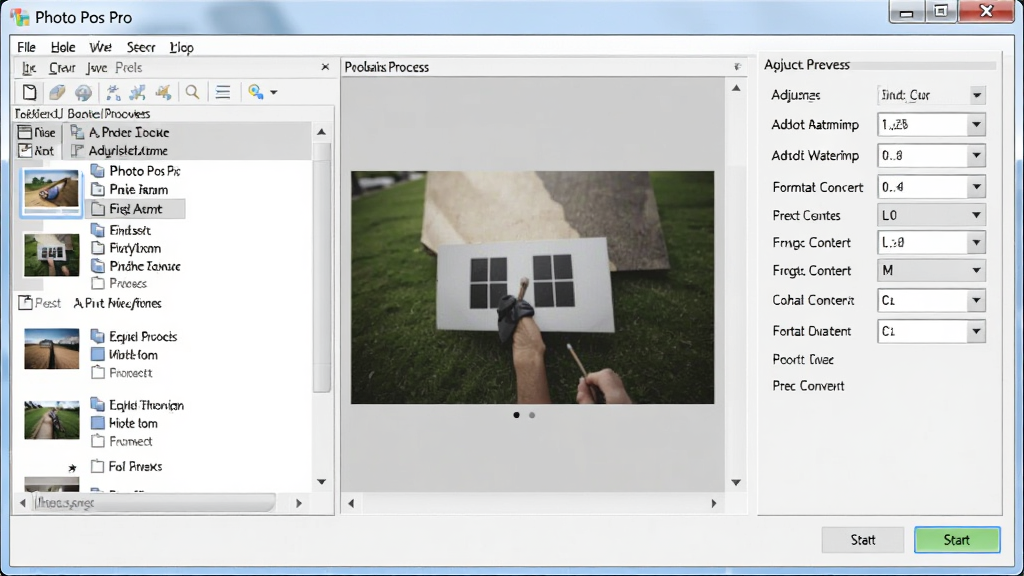 һ��չʾ Photo Pos Pro �����������ܵ�ͼƬ������������������ʾ���������Ի�������Ǵ�����ͼƬ�б����Ҳ��Ǵ���ѡ����������ߴ硢����ˮӡ����ʽת���ȣ��м���Ԥ���������岼��Ϊ�Ի���ʽ���棬���Ϊ��ʵ����������ͼ��ϸ�ڰ����ļ��б����������á���ʼ��ť�������������ɾ����޶���Ԫ��
