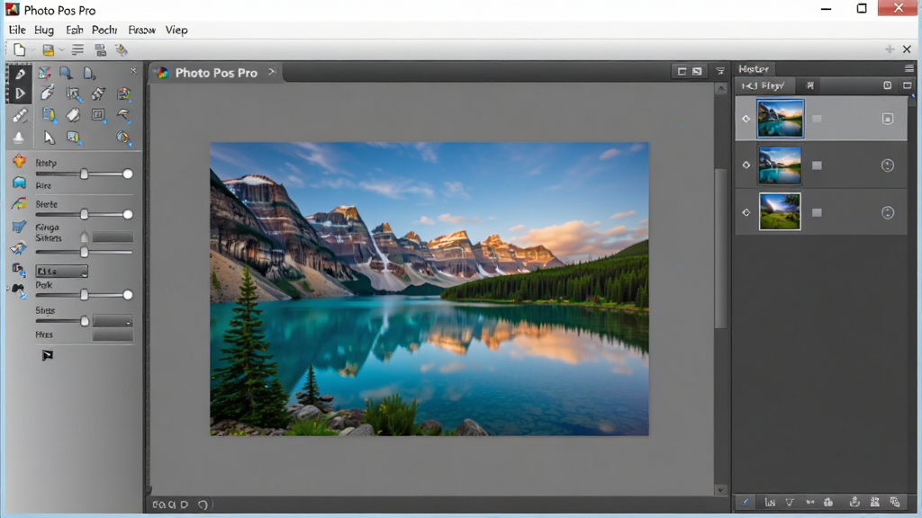 һ��չʾ Photo Pos Pro �����������ͼƬ�����������������������ڣ���๤���������ɼ����Ҳ���ͼ������ʷ��¼��壬�м��һ��ɫ�����޵ķ羰��Ƭ���ڱ༭�����������ִ������岼��Ϊ���������ͼ�����Ϊ��ʵ������ͼ�ʸУ�ϸ�ڰ����˵������������顢�˾�����ͼ�������������ɾ����޶���Ԫ��