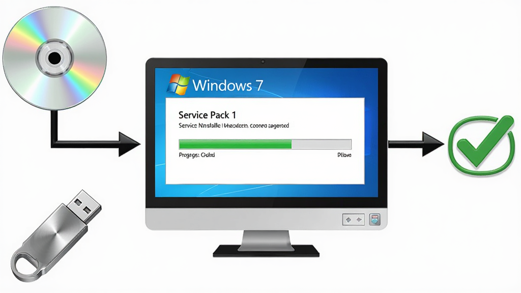Windows 7 Service Pack 1 ���߲�������ͼ������Ϊһ̨�����ĵ�����Ļ����ʾ��װ������������Ϊ��Ļ���С���Χ�����Ź��̺�U��ͼ�꣬�Ű�Ϊ���̼�ͷ�ӹ���ָ�������ָ����ɹ�ѡ�����Ϊ��Լ��Ϣͼ�磬ϸ���Ͻ�����Ϊ��ɫ�������вʺ練�⡢U��Ϊ�����ʸУ�����Ϊ���塢����ɾ����޶���Ԫ��