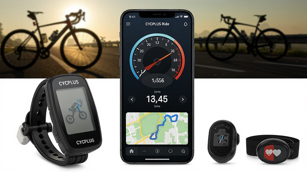 �����������һ�������ֻ����ֻ���Ļ����ʾ CYCPLUS Ride Ӧ�õ������棬�����а���Բ���ٶ��Ǳ��̡�������ֺ͵�ͼ�켣����ͼ���ֻ����ڷ�һ�� CYCPLUS ��������������Ҳ����һ�������ٶȴ����������ʴ����������峿�Ĺ�·�����г���Ӱ���������дʵ��Ʒ��Ӱ��񣬹�ͼ���У����������Ȼ�����������ɾ����޶���װ��Ԫ�ء�