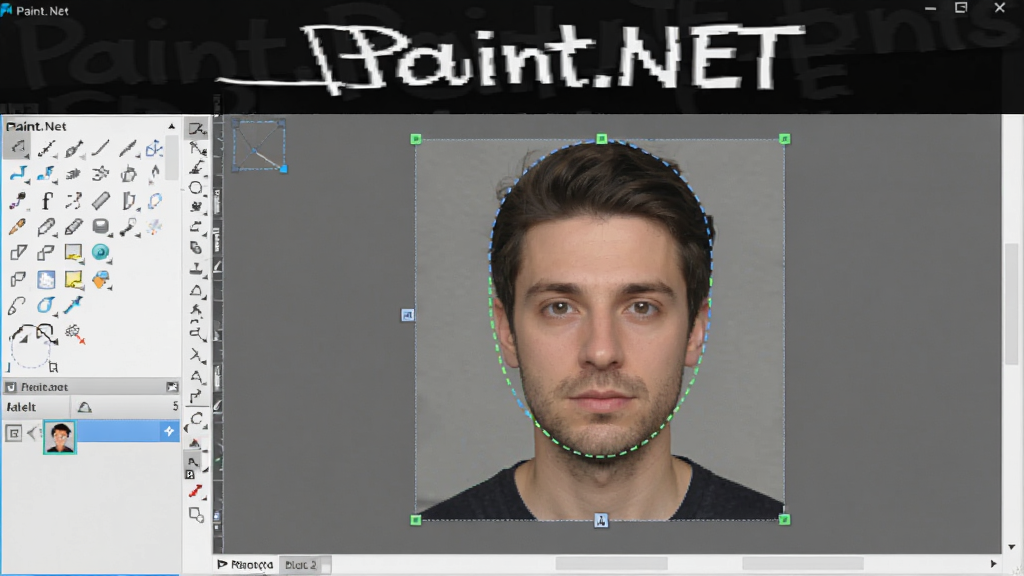 һ��չʾ Paint.NET ʹ�ü��ɵ�Ԥ��ͼ����������Ϊ��������������ʹ��ѡ�����߿�ȡ����ͷ�񣬲������Ϊ����ѡ����壬����Ϊ������ʾѡ�����ߣ����Ϊдʵ����������ͼ���ϸ�ڰ���ѡ����Ե������ͼ�ꡢͼ����壬���������ɾ����޶���Ԫ�أ����������ֱ�ע 