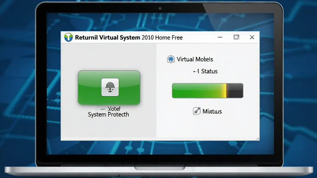 �������������ͼ����������չʾһ̨�ʼǱ�������Ļ����Ļ�ϳ���Returnil Virtual System 2010 Home Free�������������棬���������ϵͳ�������ذ�ť���Ҳ���ʾ����ģʽ״ָ̬ʾ������Ϊ������ɫ�Ƽ�������岼����������ͼ���У����Ϊдʵ������ͼ�磬ϸ�ڰ�����ťͼ���״̬���֣������������ɾ����޶���Ԫ��