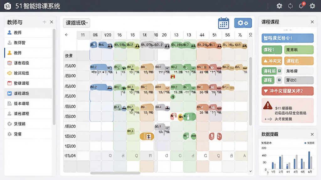51智能排课系统软件主界面全貌展示,画面中央为清晰的课表网格布局,左侧为教师与班级列表,右侧为课程色彩标识与冲突提醒区域,整体布局规整、排版紧凑,风格简洁商务,细节包含日历图标、齿轮设置按钮与数据统计小面板,画质清晰干净无多余元素