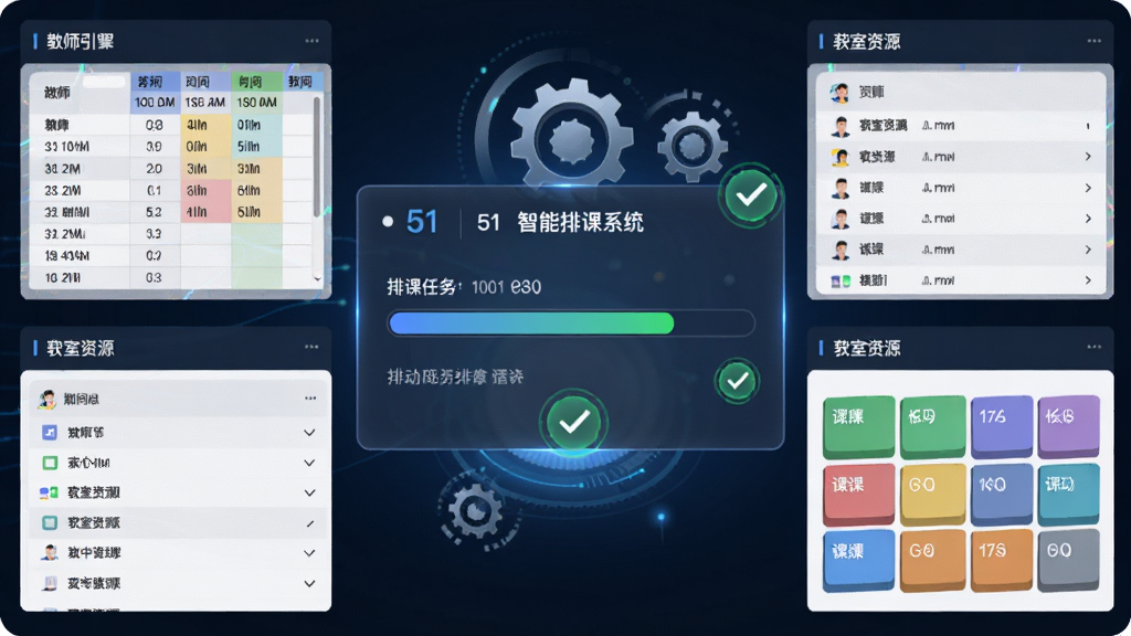 51智能排课系统自动排课功能界面,画面中显示算法引擎正在运行,屏幕中央是带有进度条的排课任务面板,四周环绕教师时间表、教室资源列表和课程彩色方块,布局层次分明,风格科技感与商务感结合,细节包含齿轮转动图标与绿色对勾完成标识,画质清晰干净无多余元素