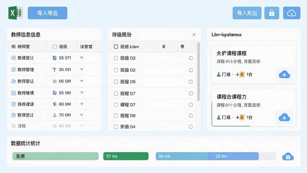 51智能排课系统数据管理界面,画面中展示教师信息表格、班级列表与课程卡片三栏布局,顶部有导入导出按钮,底部有数据统计条,风格清新浅色,细节包含Excel图标与云备份标识,画质清晰干净无多余元素
