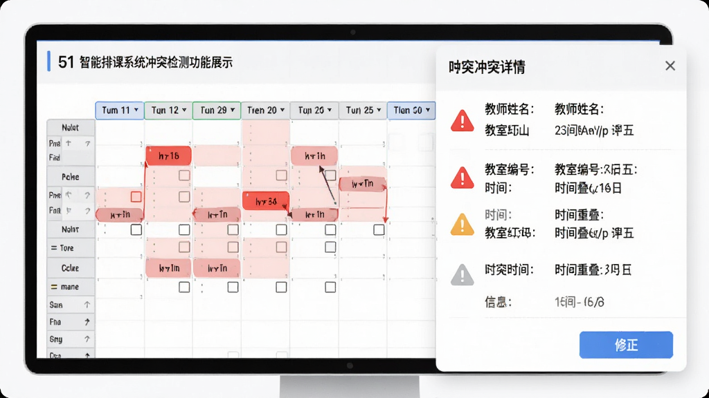 51智能排课系统冲突检测功能展示,画面中课表网格上出现红色高亮冲突标记,右侧弹出冲突详情列表,包含教师姓名、教室编号与时间重叠信息,布局清晰直观,风格简洁明快,细节包含警告图标与修正按钮,画质清晰干净无多余元素