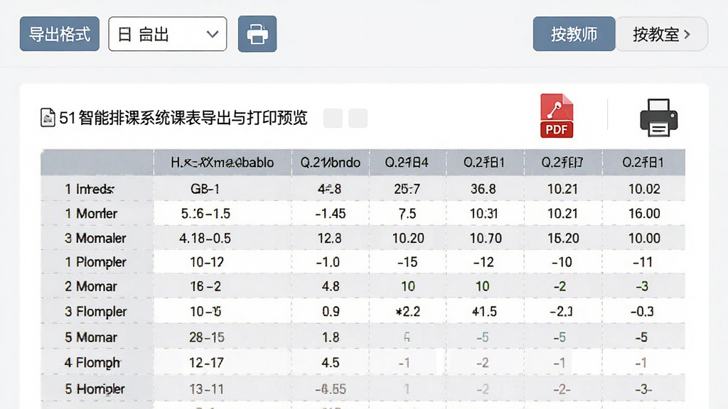 51智能排课系统课表导出与打印预览界面,画面中展示一份排版整齐的班级课表,顶部有导出格式选择按钮与打印图标,右侧有按教师、按教室切换标签,风格素雅极简,细节包含PDF文件图标与打印机图案,画质清晰干净无多余元素