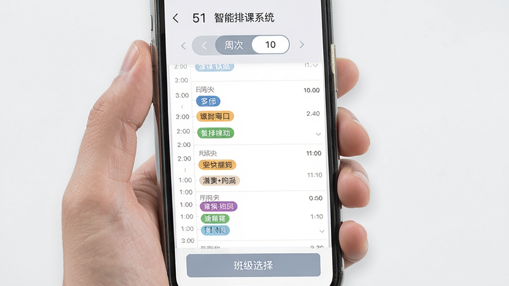 51智能排课系统移动端课表查看界面,画面中展示手机屏幕内清晰的每日课程列表,顶部有周次切换栏,底部有班级选择按钮,布局适合单手操作,风格清爽素雅,细节包含彩色课程标签与时间轴标识,画质清晰干净无多余元素