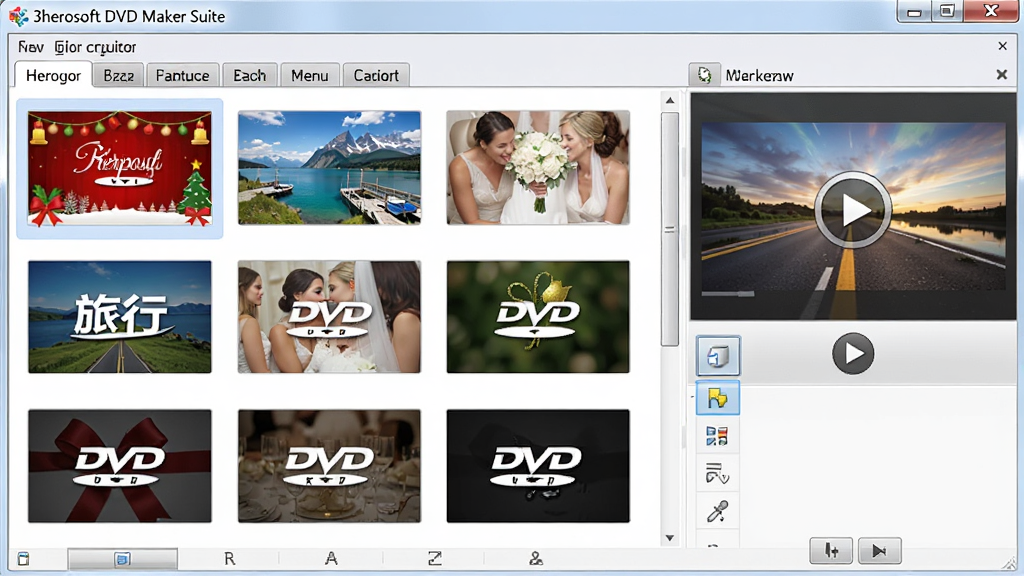 һ��չʾ3herosoft DVD Maker Suite�˵��༭�����ͼƬ��������������������ʾ���DVD�˵�ģ������ͼ���н��ա����С���������⣬�Ҳ��ǲ˵�Ԥ��������ʾ��̬�����Ͳ��Ű�ť��������Ϊ���������ͼ���ϸ�ڰ���ģ������ǩ�ͱ༭������壬�����������ɾ����޶���Ԫ��