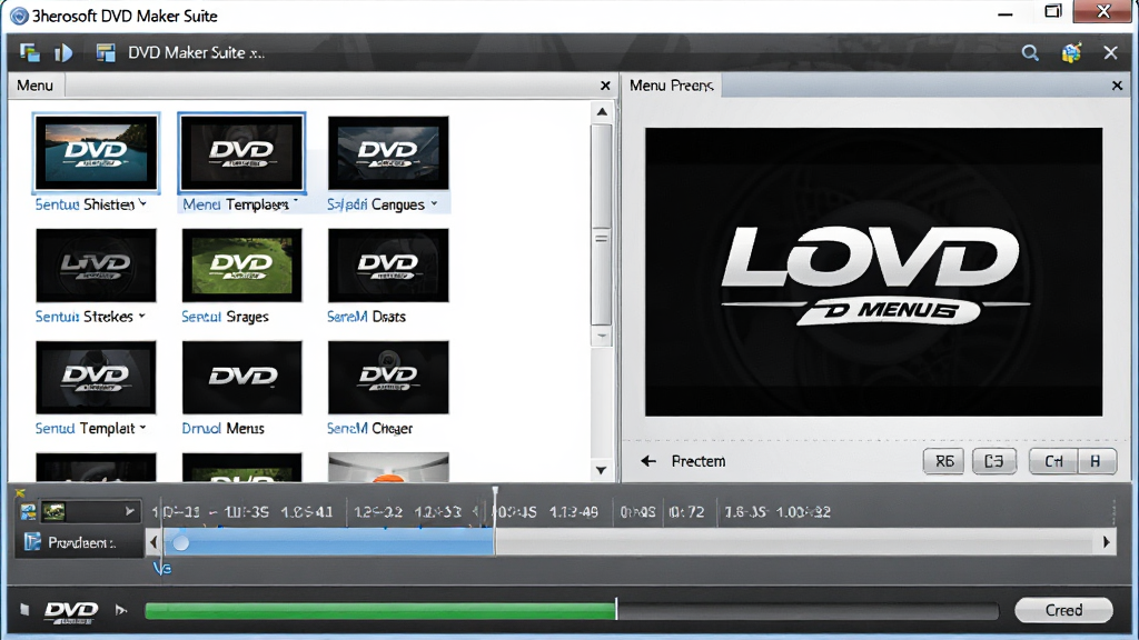 һ��չʾ3herosoft DVD Maker Suite�����������ͼƬ�����������������������ڣ��������Ƶ�ز��б����Ҳ���DVD�˵�Ԥ�����򣬵ײ��ǿ�¼�����������岼�����������Ϊ�ִ����������ͼ���ϸ�ڰ����˵�ģ������ͼ����Ƶʱ����Ϳ�¼��ť�������������ɾ����޶���Ԫ��