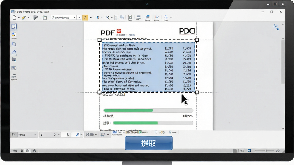 A-PDF Data Extractor ������ȡ����ʾ��ͼ������Ϊ������Ļ��ʾ PDF �ĵ����ĵ�����һ�����߿�ѡ�ľ������������������ֺ��������ݱ�����ѡ�У���Ļ�·�����ȡ��ť������Ϊȫ���������棬���Ϊ���칫�磬ϸ�ڰ������ָ�롢ѡ�����ߡ���ȡ�������������������ɾ����޶���Ԫ��